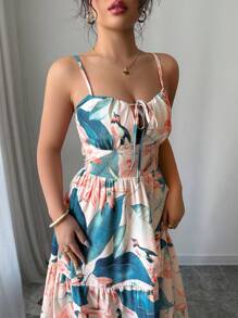 Elenzga Women's Latest Fashion Slim Spaghetti Strap Waisted Flared Long Dress, Leaf Print, Vacation Summer - Multicolor - View 4