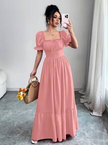 SHEIN Raffinéa 女式方领泡泡袖系带前开襟后背镂空收腰连衣裙 - 珊瑚粉 - 查看 3
