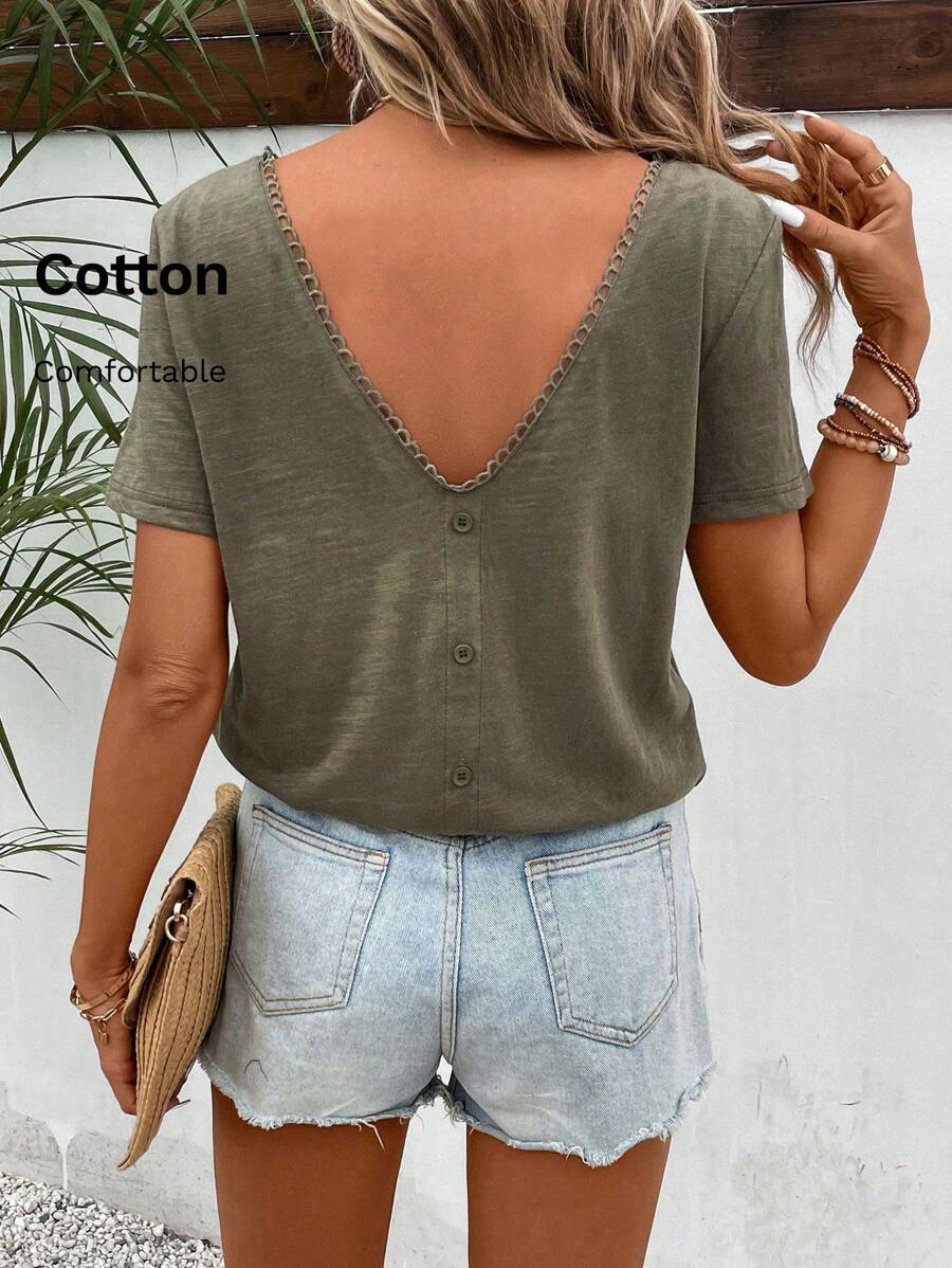 SHEIN Frenchy Màu thuần Giải trí Cổ chữ V Áo thun - màu xanh lá - Xem 1