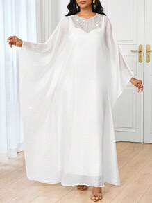 SHEIN Lady Women's White Pearl Embellished Woven Maxi Dress: Elegant Round Neck, Long Sleeve, And Flared Hem Modest Style