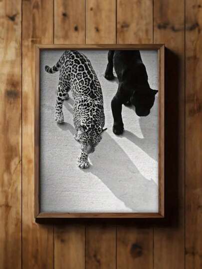 1pc Leopard And Jaguar Walking Canvas Poster, Black And White Animal Wall Art, Vintage Photography Fashion Print, 50's Deco Retro Wall Decor For Autumn Farmhouse, Frameless Art Deco For Kitchen, Home Office, Bathroom, Living Room, Bedroom - Indoor Portrait Wall Hanging Decor