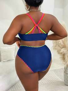 Slaydiva 撞色钩针边缘加大码女式两件套比基尼泳装，休闲度假装
