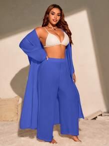 Slaydiva 2pcs Basic Casual Long Cover Up Set, Plus Size For Summer Beach Vacation - Royal Blue - View 5