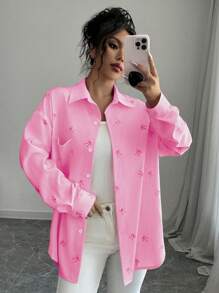 Chiquease 女士休闲粉色蝴蝶印花纽扣前襟衬衫 - 粉色 - 查看 1