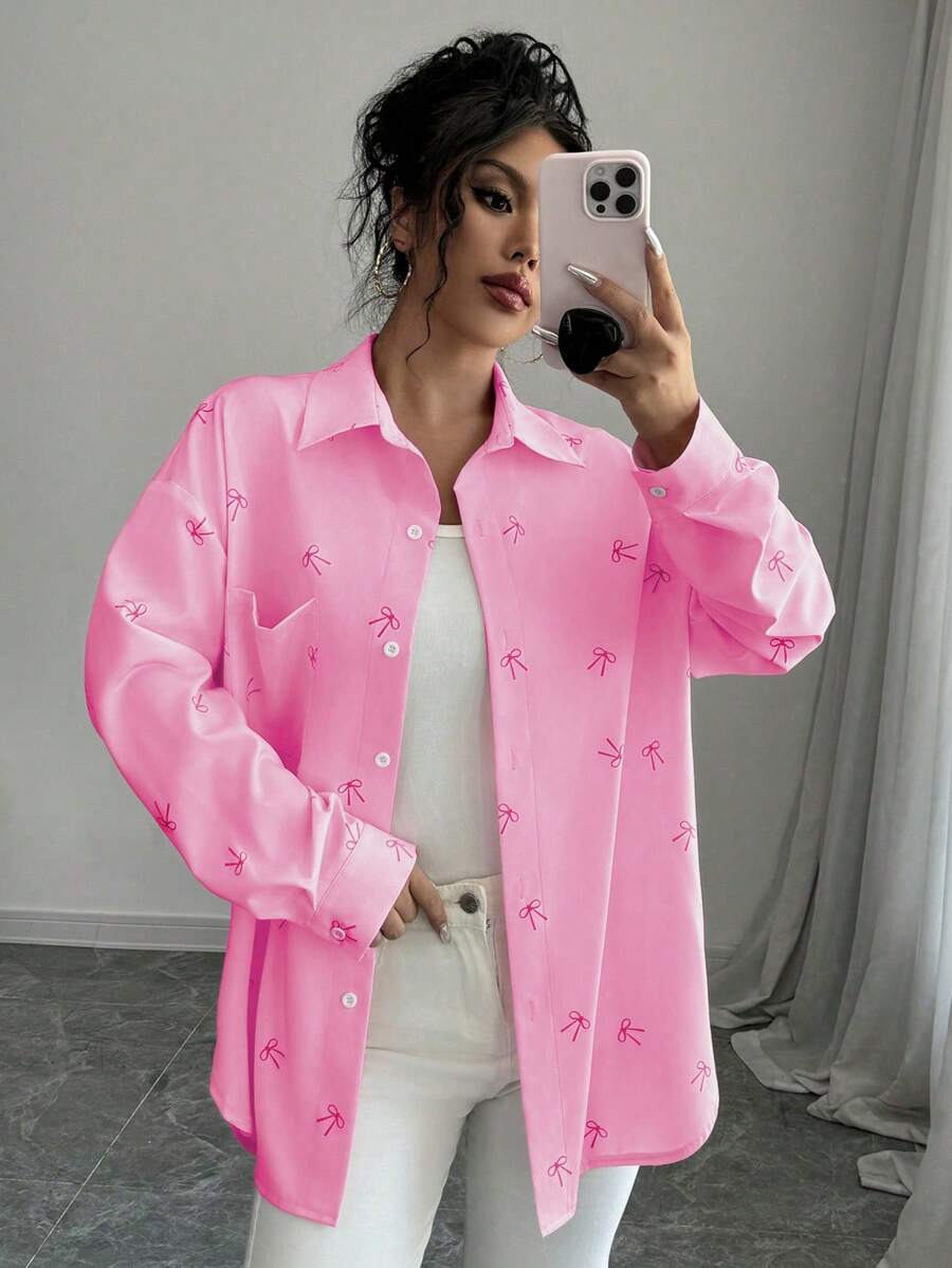 Chiquease 女士休闲粉色蝴蝶印花纽扣前襟衬衫 - 粉色 - 查看 1