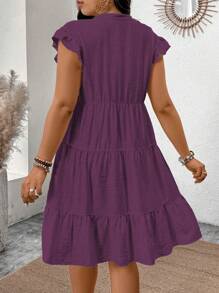 SHEIN Clasi V-Neck Embroidered Floral Ruffled A-Line Plus Size Dress - Purple - View 2