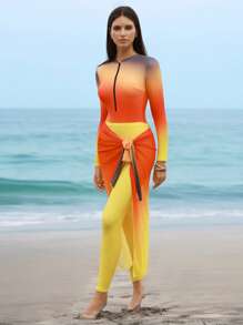 Swim Shayni 4pcs/Set Women Random Print Round Neck Long Sleeve Romper, Elastic Waist Long Swimming Shorts, Skirt And Hat For Summer Beach Vacation - Multicolor - View 3