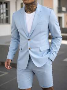 Manfinity Mode Men's Solid Color Suit Set: Jacket And Shorts Casual Suits For Men - Blue - View 1
