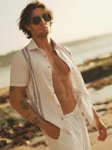 Manfinity VCAY Men's Geometric Printed Short Sleeve Button Down Shirt , Vacation Casual - White - View 4