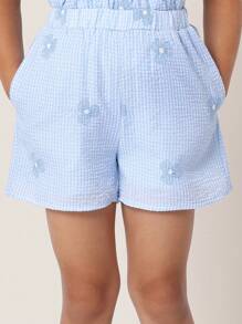 SUMWON Summer Seersucker Butterfly Embroidered Two-Piece Outfit Holiday Sleeveless Top Shorts Matching Set Kids Spring Beach Casual Vacation Wear