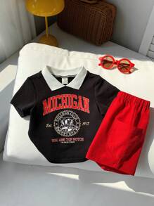 SHEIN 2pcs/Set Baby Boy Casual Patchwork Letter Graphic Short Sleeve Shirt & Elastic Waist Shorts Set, Summer - Multicolor - View 8