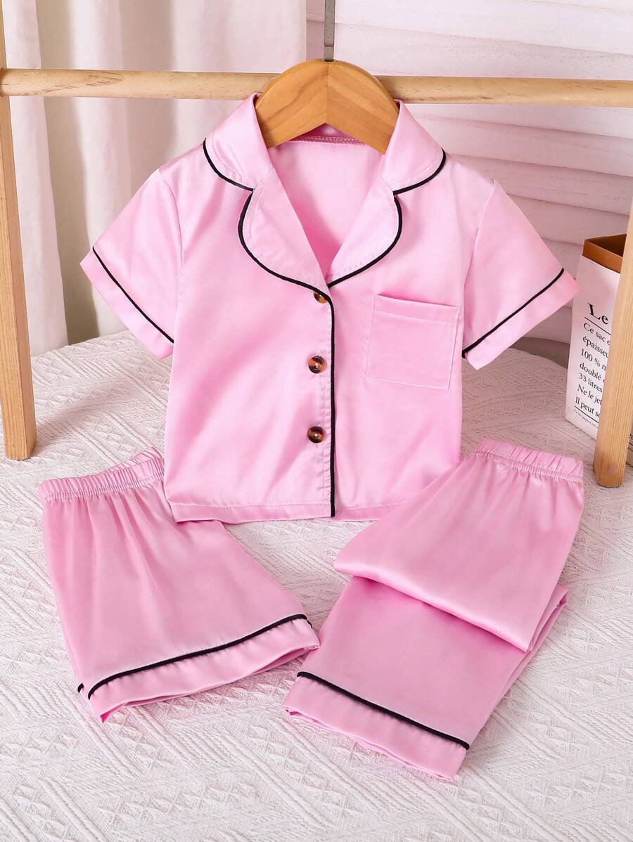 3pcs/Set Baby Girl Elegant Plain Pink Woven Collared Short Sleeve Top With Contrast Trim, Paired With Contrast Trim Pants & Shorts, Smooth & Comfortable Lounge Wear Set - Dusty Pink - View 1