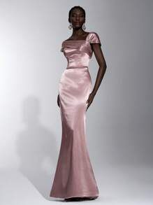 Elitara 优雅浪漫复古粉色缎面弹力面料露肩收腰美人鱼连衣裙，适合约会、生日派对、度假、婚礼、伴娘 - 藕粉色 - 查看 5