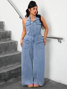SHEIN ICON Plus Size Sleeveless Light Wash Denim Halter Casual Overalls With Pockets And Shirt Collar - Blue - View 3