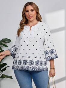 SHEIN Clasi Elegante camicia in taglie comode per donna con ricamo occhiellato e blocchi di colore