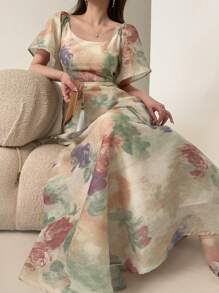 DAZY 新款夏季女士优雅中长印花连衣裙度假装扮女士长款连衣裙 - 粉色 - 查看 1