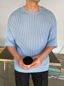 Manfinity CasualKnits Men's Solid Color Knitted Crew Neck Short Sleeve Top, Fashionable For Summer - Blue - View 3