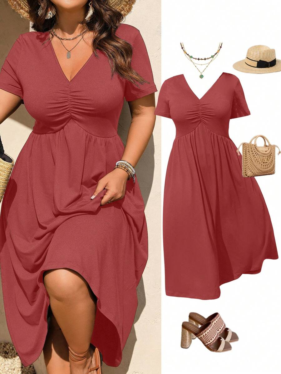 Elenzga Đầm dệt kim tay ngắn thiết kế cổ chữ V giản dị thanh lịch cỡ lớn dành cho nữ, hàng mới về - Gỗ đỏ - Xem 1