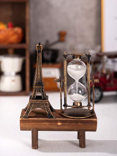SHEIN Creative Retro Iron Tower Decoration, Minimalist Home Decor For Living Room, Study, Office Desk, Wooden Sand Timer Clock, Indoor Decoration Ornament Best Gifts