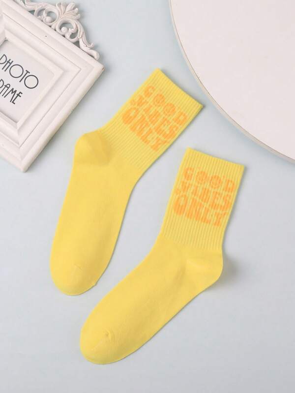 Mierfa 1 Pair Yellow English Jacquard Women Knee High Socks, Summer