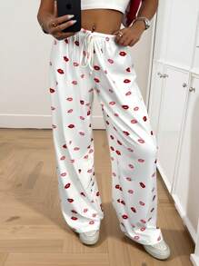SHEIN PETITE Pantaloni casual da donna con stampa su tutto il capo e laccio frontale, stile minimalista per uso quotidiano