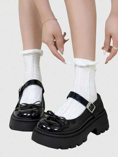 Kawaii Zapatos Mary Jane de recubierto con moño lindo y suela gruesa, para estudiantes, otoño, Año Nuevo, Día de San Valentín