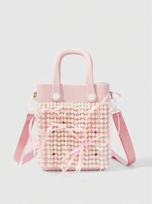 ROMWE Kawaii Women's Waterproof EVA Faux  Pearl Chain Handbag Women's Pink Ribbon Bow Accent Beach-To-Street Tote, Stylish Seaside Vacation & Daily Use Handbag Purse For Ladies - Pink - View 1