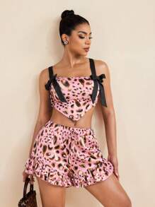 LUNA B 粉色豹纹缎面荷叶边下摆弹性高腰休闲夏季沙滩装动物印花短裤 - 粉色 - 查看 4