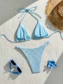 Swim Mod Women's Hollow Embroidered Halter Neck Tied Bikini Set For Summer Beach Vacation - Blue - View 2