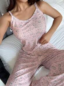 DAZY 2pcs Ditsy Floral Sleeveless Top And Straight Leg Ruffled Hem Pants Pajama Set - Baby Pink - View 8