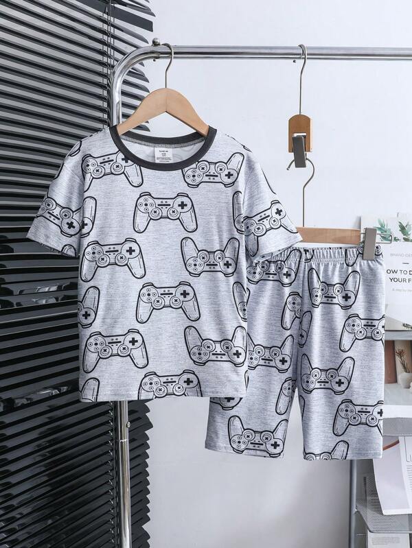 2pcs Tween Boys Snug Fit Cartoon Game Print Crew Neck Short Sleeve Shorts Comfortable Casual Pajama Set