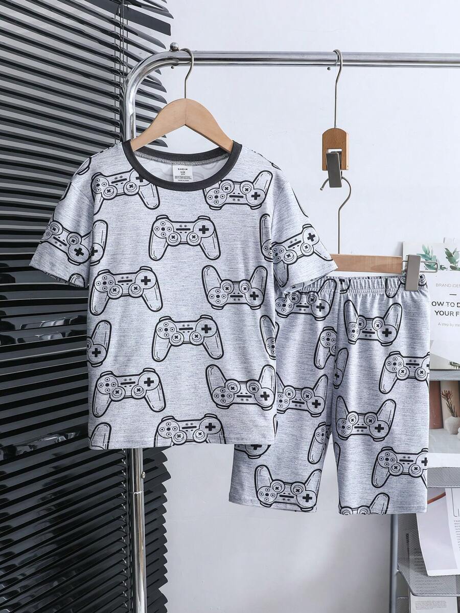 2pcs Tween Boys Snug Fit Cartoon Game Print Crew Neck Short Sleeve Shorts Comfortable Casual Pajama Set