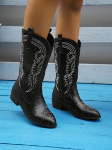 ROMWE Fairycore Mid-Calf Western Style Colorblock Cowboy Boots, 2024 Spring/Summer New Arrival Fall For Christmas And New Year Holiday Valentines Spring Shoes