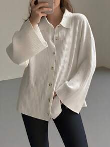 INAWLY Women Simple Solid Color Loose Drop Shoulder Front Button Cardigan - White - View 1