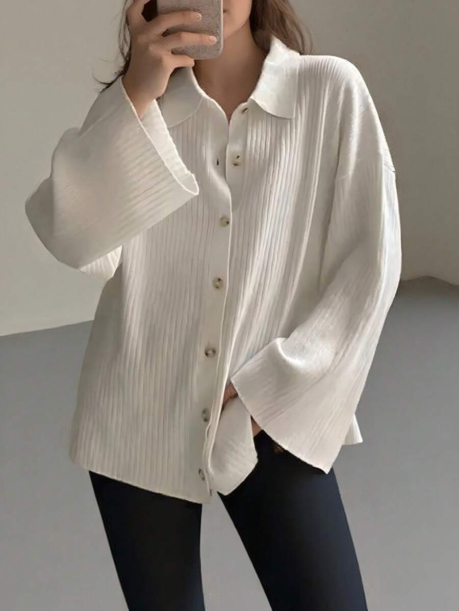 INAWLY Women Simple Solid Color Loose Drop Shoulder Front Button Cardigan - White - View 1