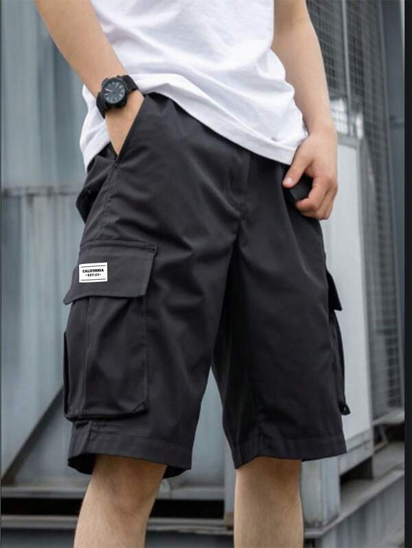 Genkimix Kids 1pc Boys' Black Casual Multi-Pocket Workwear Style Shorts, Spring/Summer