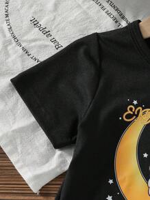 SHEIN 开斋节 - 个性化 - 女婴开斋节可爱印花 T 恤套装 - 黑色 - 儿童第一个开斋节 - T 恤开斋节礼物