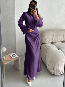 Aloruh 简约优雅的 Faille 开衩肩褶饰喇叭袖超长高腰美人鱼连衣裙 - 紫色 - 查看 7