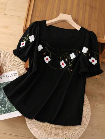 Joress Plus Size Casual Vacation Broderad Puff Sleeve Shirt