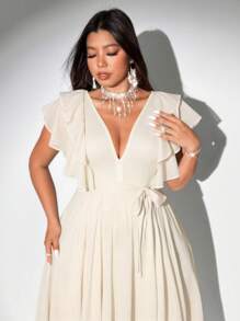 Viva Relle Plus Size Women Elegant Romantic Lace Up Deep V-Neck Ruffle Sleeve A-Line Chiffon Dress - Apricot - View 5