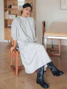 Dazy-Less Abito estivo casual da donna, dritto, in tessuto a blocchi di colore, con colletto alto, coulisse con lacci in vita, lunghezza midi