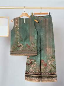 SHEIN Clasi 2 件套复古花卉印花吊带背心和裤子套装，女士夏季休闲家居服