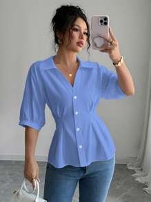 Franclia 别致的白色 V 领短袖收腰女式衬衫，独特设计 - 藍色 - 查看 3