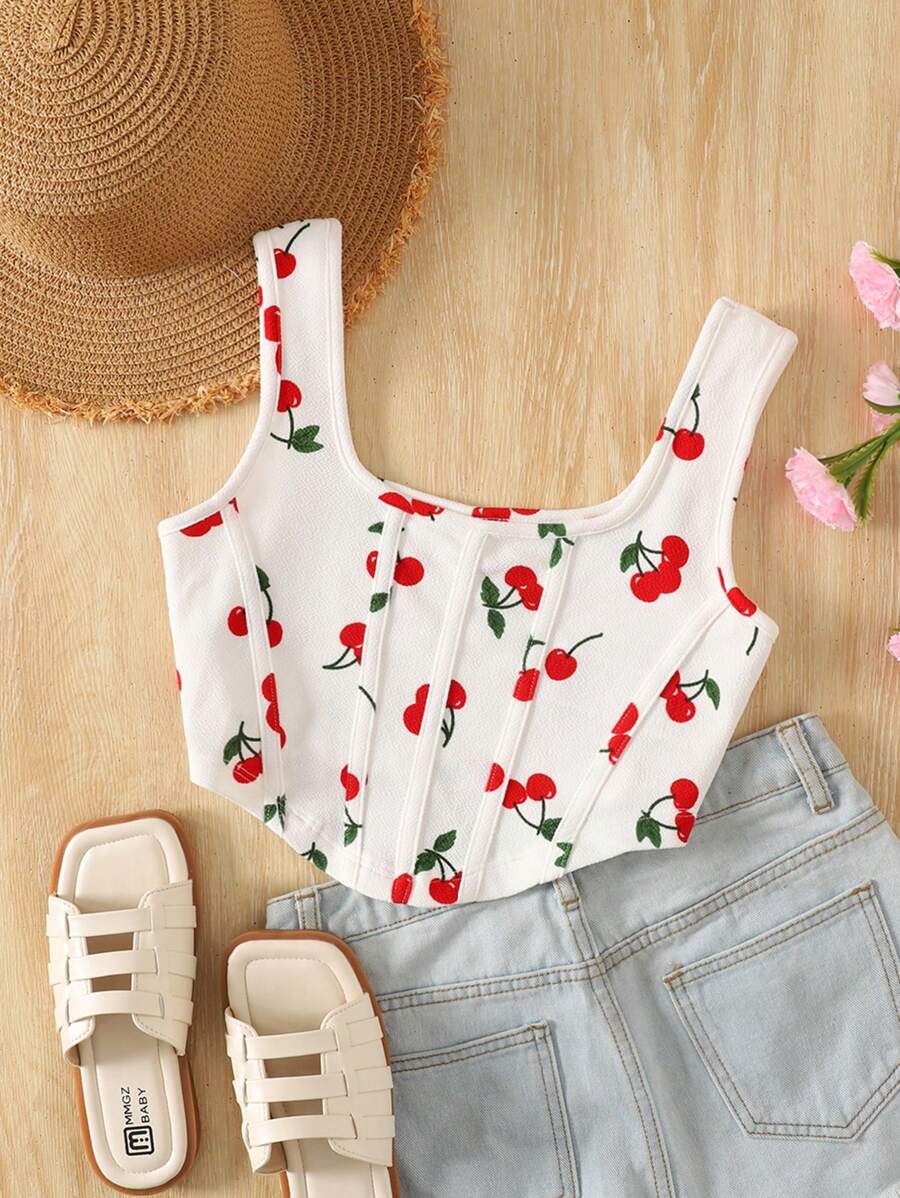 SHEIN Top de tirantes corto asimétrico con escote cuadrado y estampado de punto para niña preadolescente, estilo de vacaciones, informal y versátil - Blanco - Ver 1