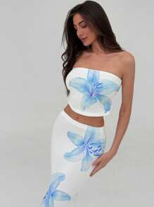 Aloruh 2pcs Spring Elegant Sexy Fitted Lily Print Crop Top And Skirt Set, Suitable For Spring Break/Beach Holiday/Valentine's Day Romantic Date/Fashionable Outings/Concert Revelry Suitable For Going Out - Multicolor - View 4