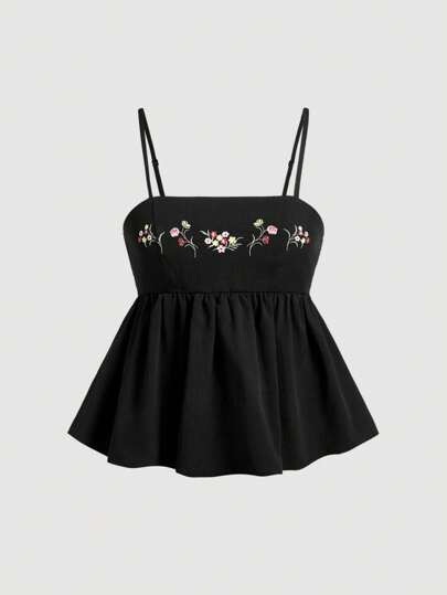 SHEIN MOD Vintage Style Embroidered Peasant Crop Top For Women, Summer, Casual, Boho, Country Concert, Rave Festival, Festival, Western, Brunch, Beach, Cute, Fairy Core, Going Out Tops, Boho Tops, Party Tops, Black Top, Rave Top,Black Embroidered Cami Top For Wedding Party Gathering,  Classic Romantic Style, Adjustable Strap Peplum Top, Elegant Casual Wear For Dinner Party, Reception, Date Night, Holiday Event, Evening Outfit