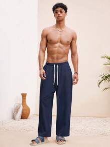 Manfinity VCAY Men Beach Outfits Summer Vacation Basic Woven Casual Surfing Seaside Beach Fit Linen Pants Beachwear