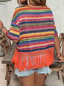 SHEIN VCAY Plus Size Women Colorful Stripe Round Neck Tassel Hem Loose T-Shirt - Multicolor - View 2
