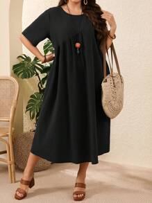 EMERY ROSE Vestido casual de talla grande para mujer de unicolor, cuello redondo, manga corta, con bolsillo y pliegues - Negro - Ver 4
