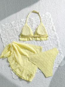 SHEIN Bộ bikini 3 dây mảnh viền bèo nhún màu trơn cho bé gái tuổi teen, đồ bơi thời trang cho kỳ nghỉ bãi biển/ Đồ bơi cho bé gái/ / Đồ bơi cho bé gái/ Trang phục màu vàng cho bé gái/ Trang phục nghỉ dưỡng bãi biển/ Trang phục nghỉ lễ - Màu vàng - Xem 2